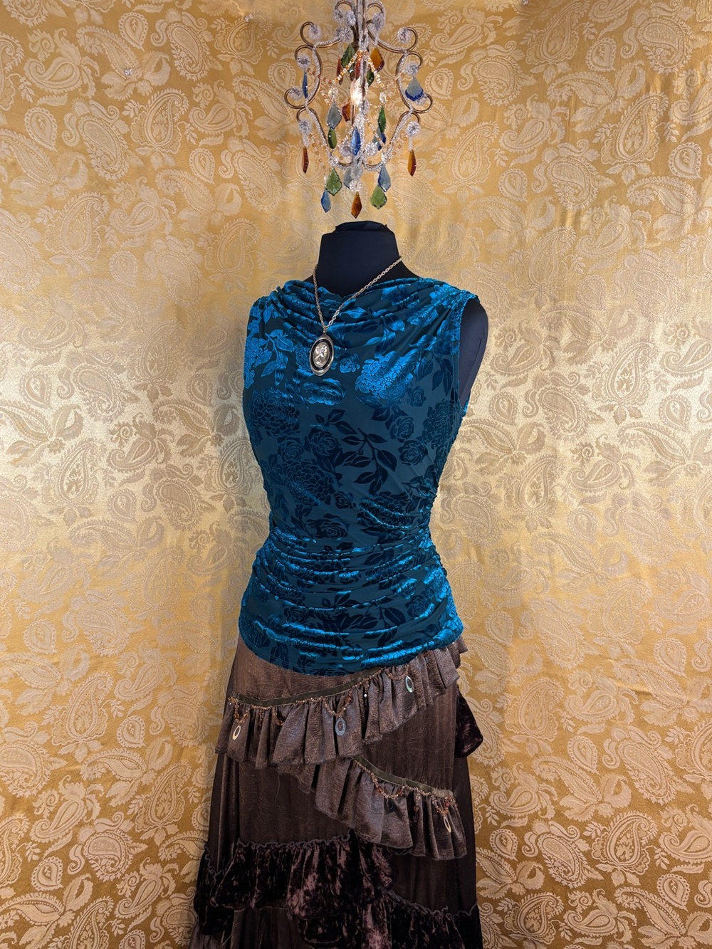 ✨Vintage Y2K Boho Turquoise Floral Crushed Velvet Ruched Cowl Neck Tank Top✨